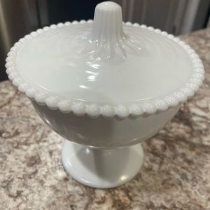 Vintage Indiana beaded Milk glass candy dish